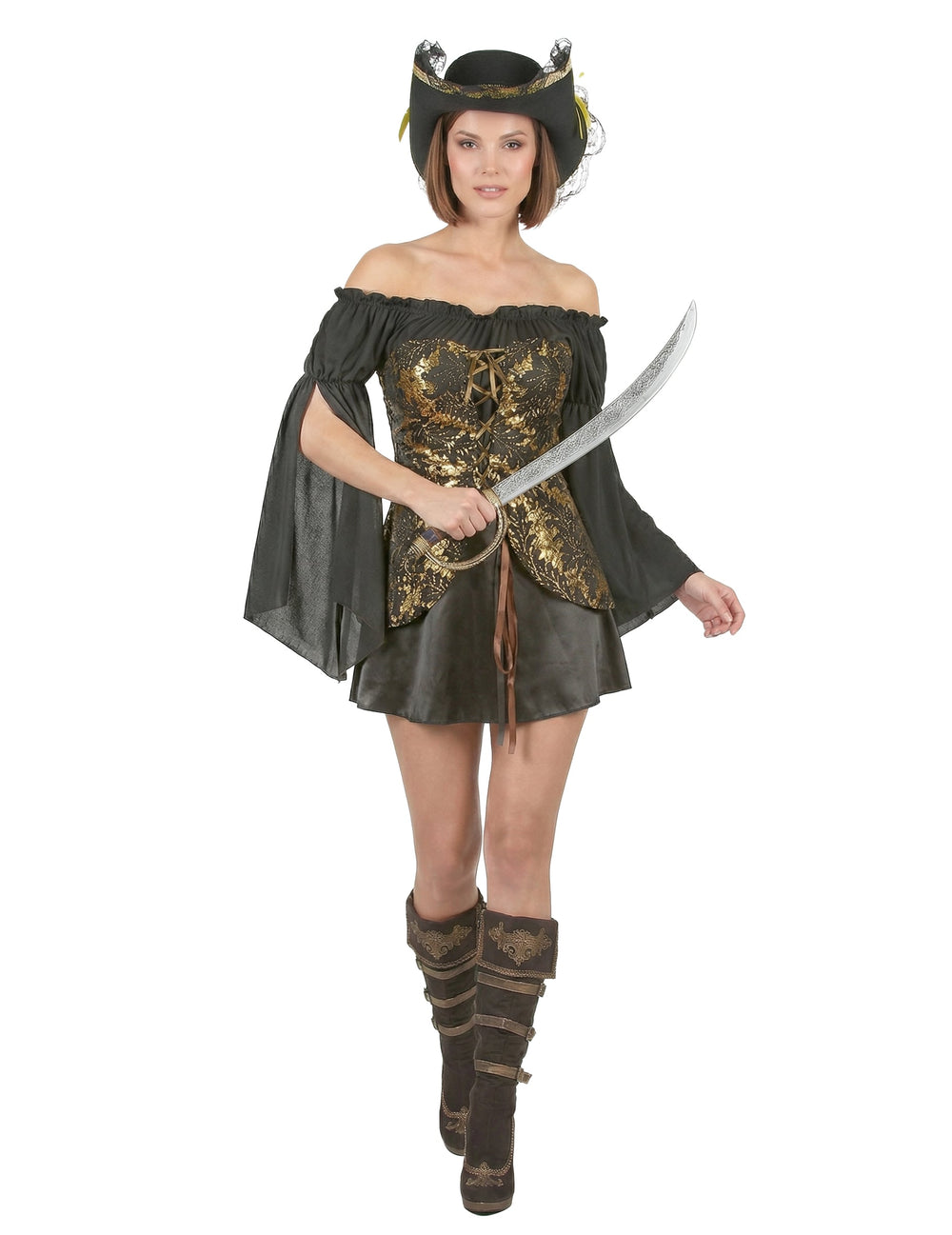 Déguisement de pirate pour femme noir et doré avec chapeau