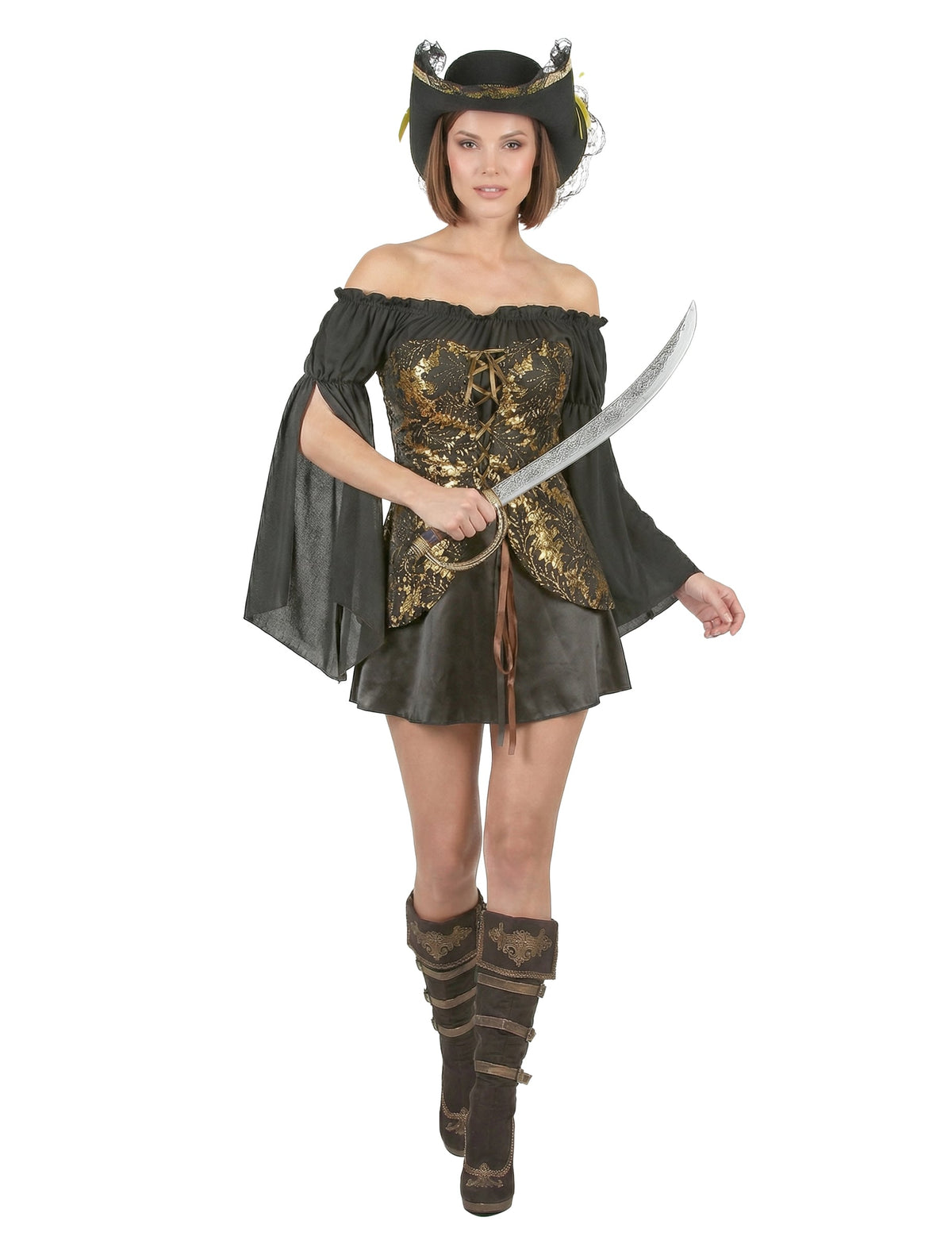 Déguisement de pirate pour femme noir et doré avec chapeau