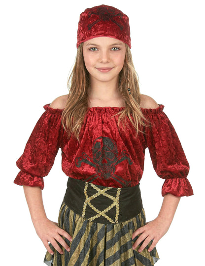 Gros plan sur le haut et le bandana du déguisement pirate rayures dorées