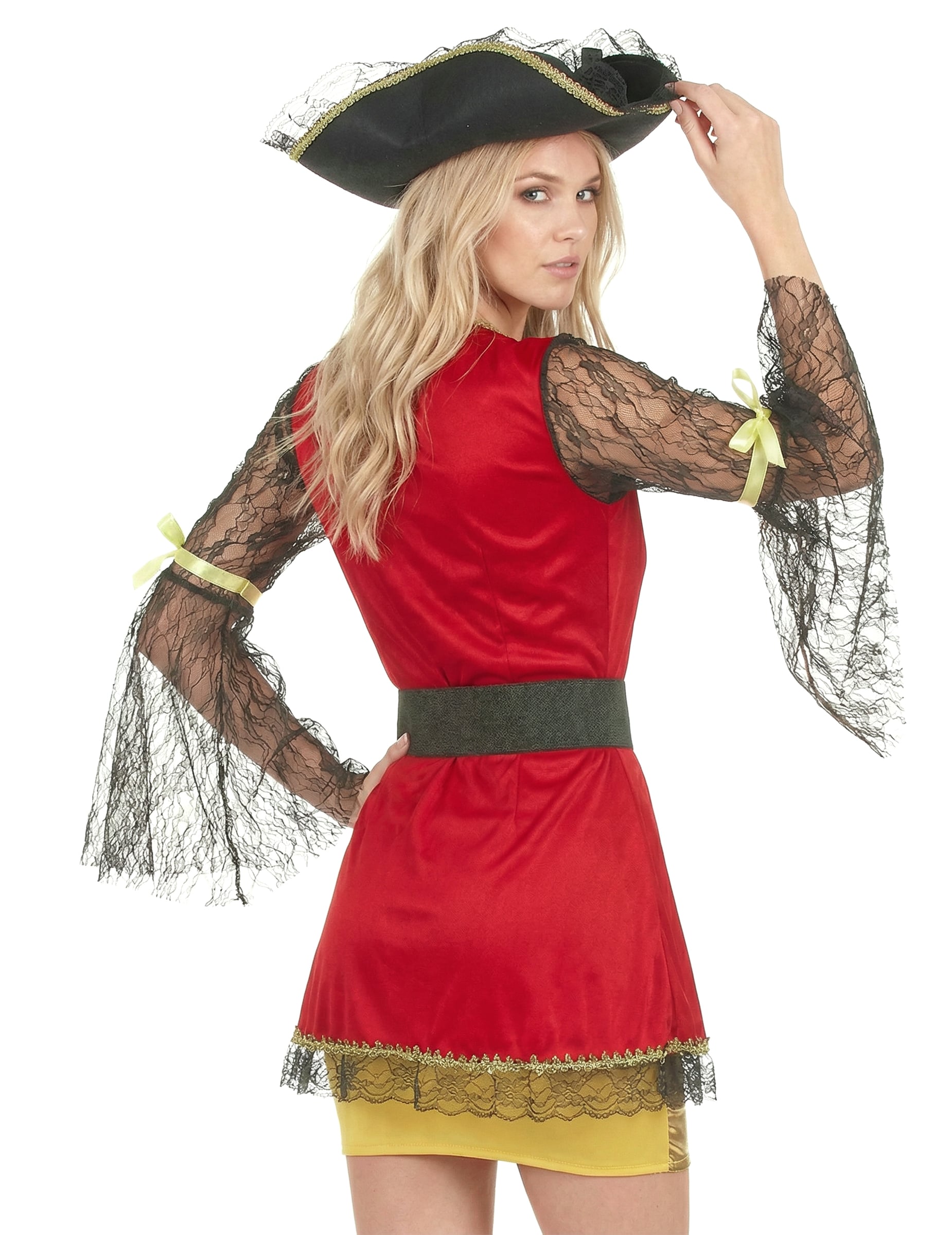 Vue de dos du déguisement pirate pour femme rouge et doré