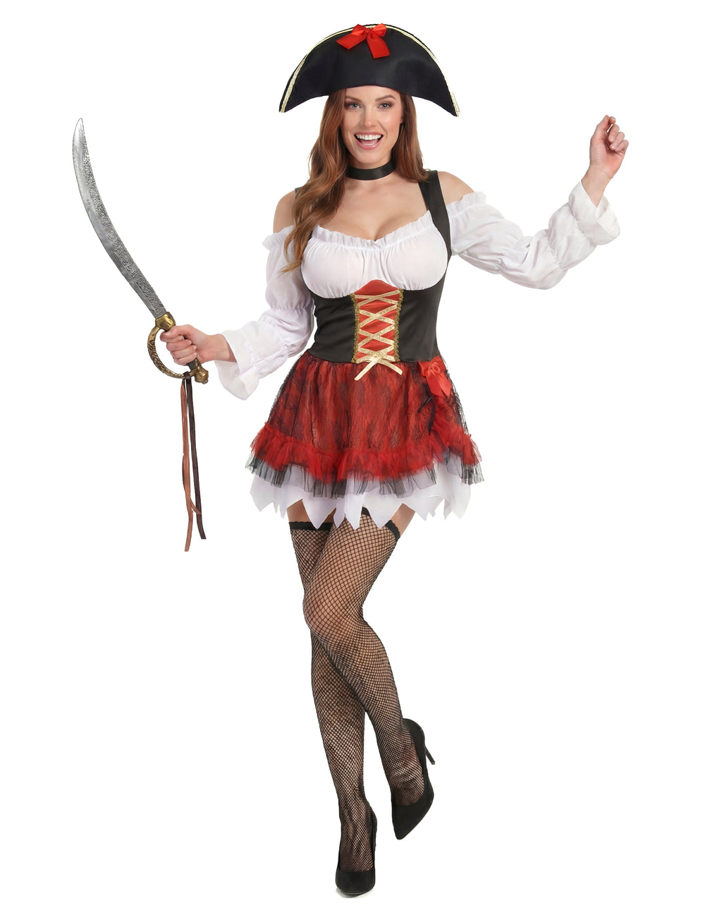 Déguisement pirate sexy pour femme blanc et rouge avec chapeau et sabre