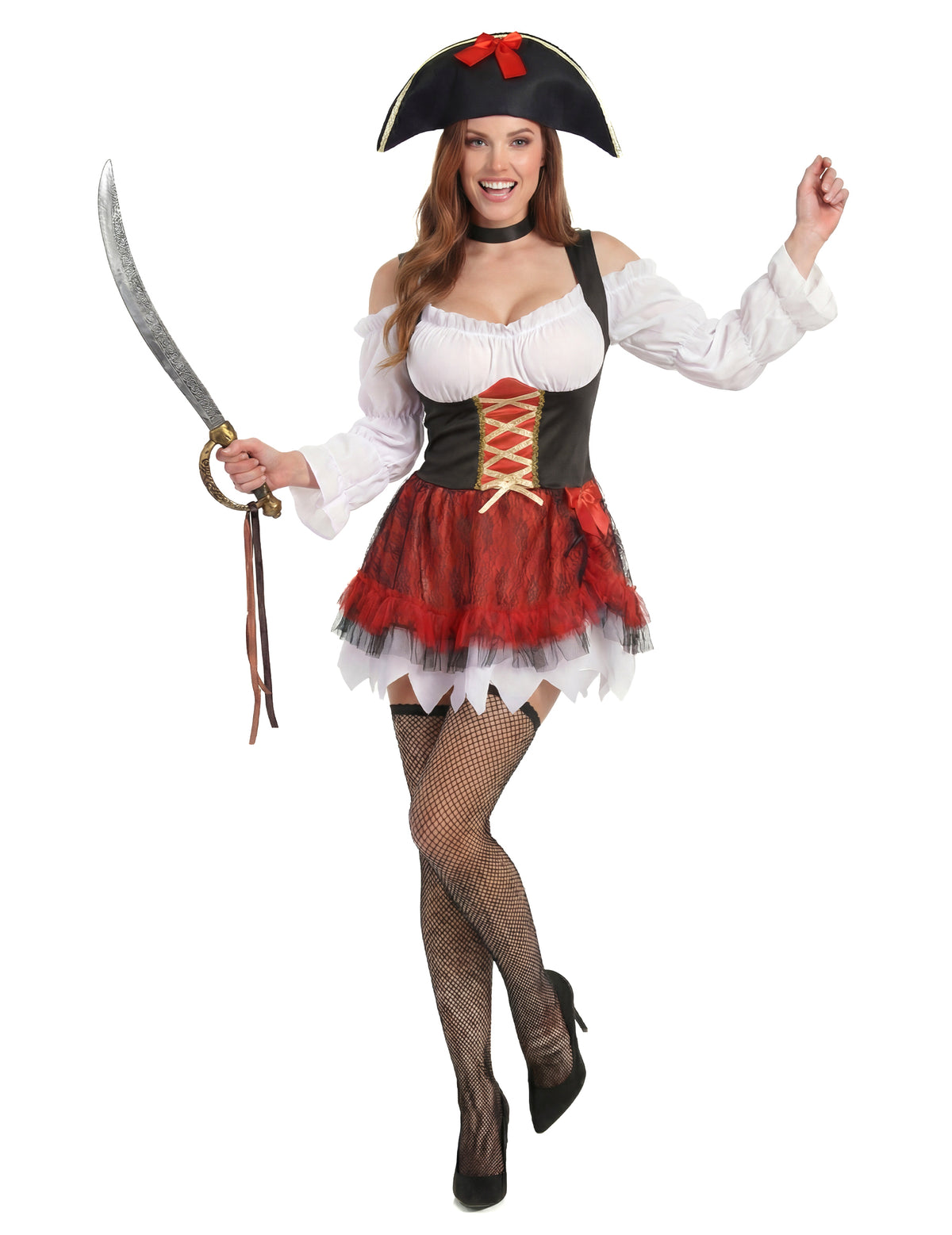 Déguisement pirate sexy pour femme blanc et rouge avec chapeau et sabre