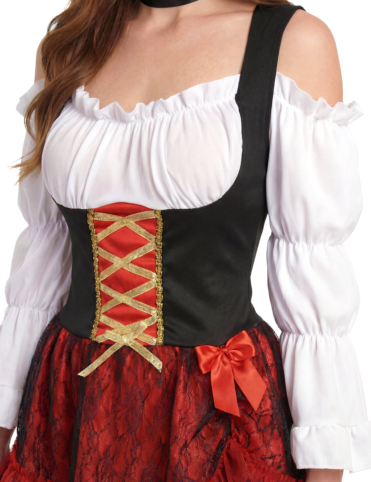 Détail du bustier rouge à laçage doré du déguisement pirate sexy pour femme
