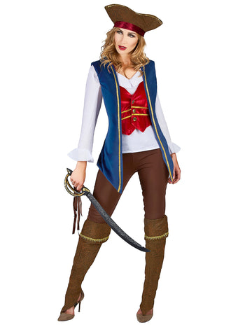 Modri žametni piratski kostum in ženska