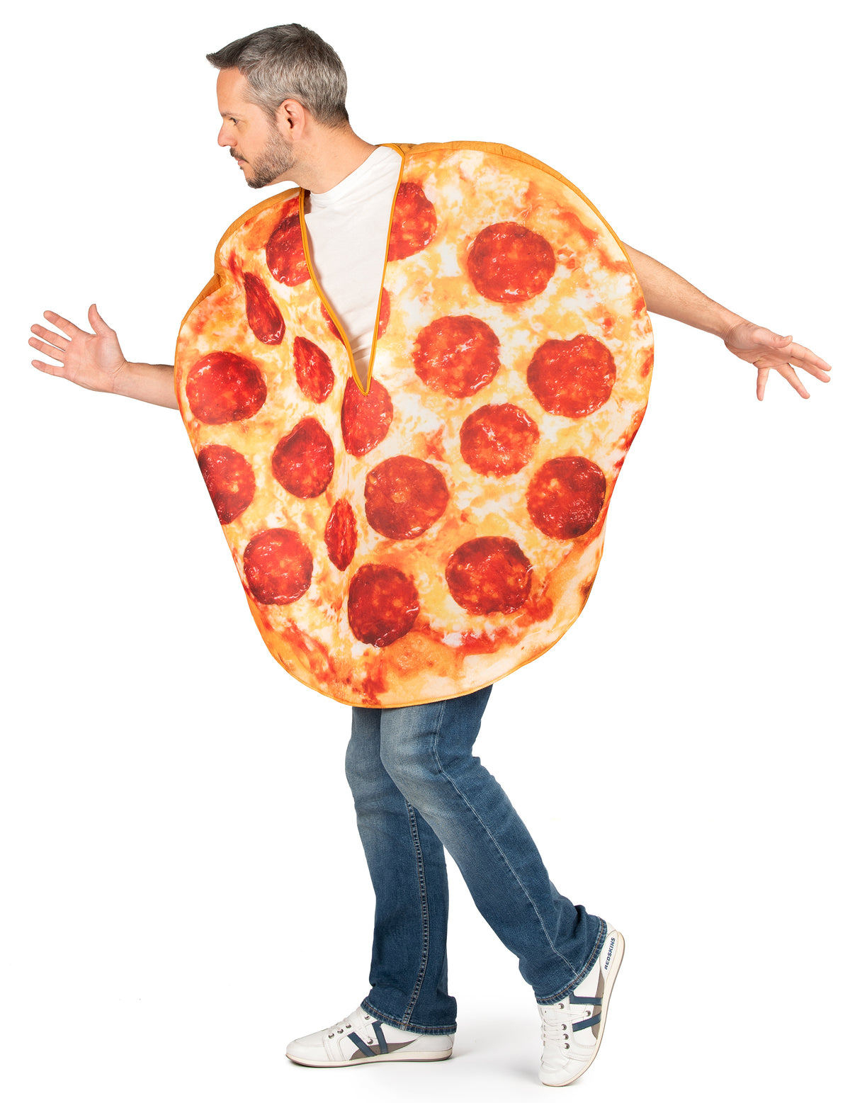 Vue de profil du déguisement pizza pour adulte au pepperoni