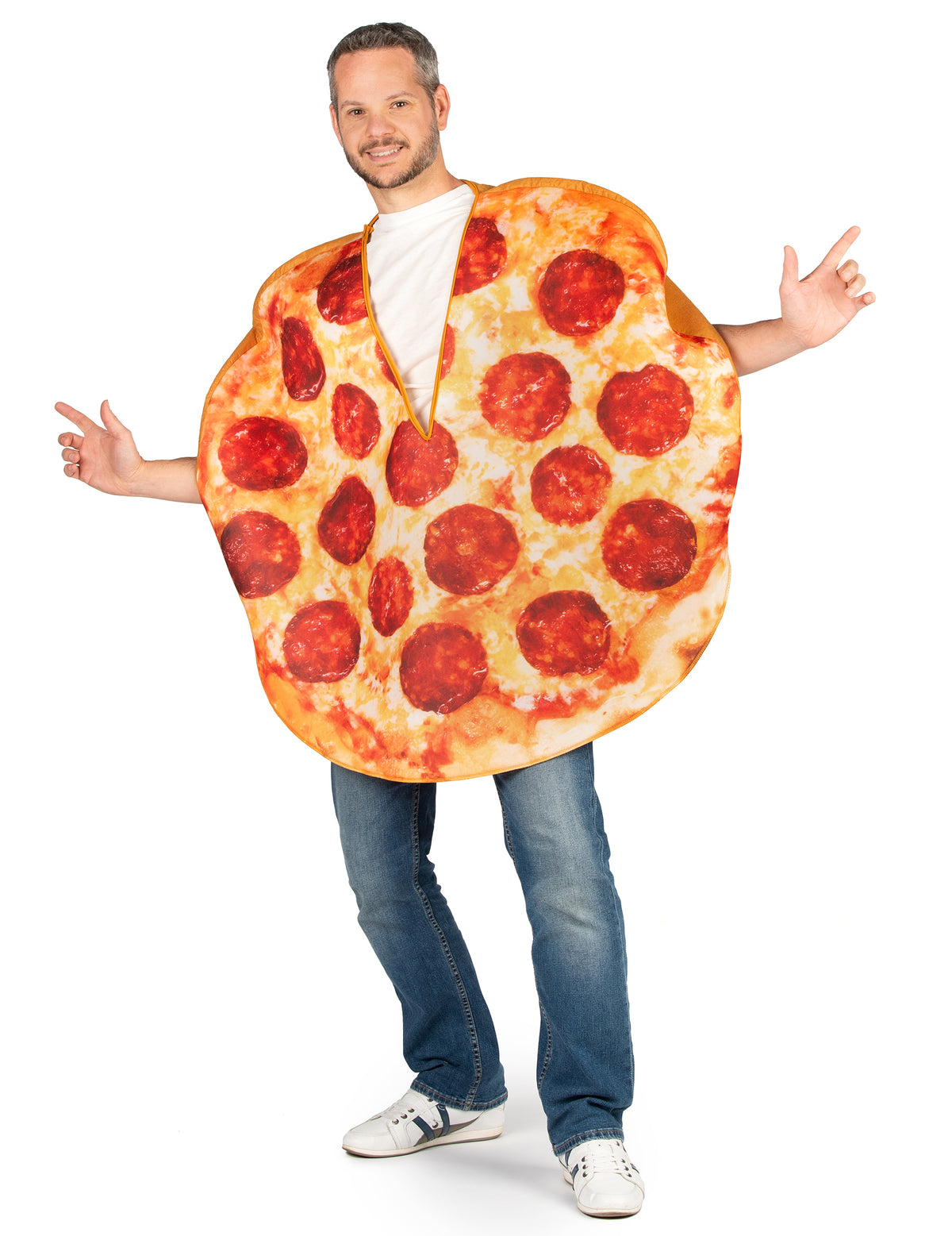 Vue de face du déguisement pizza pour adulte au pepperoni