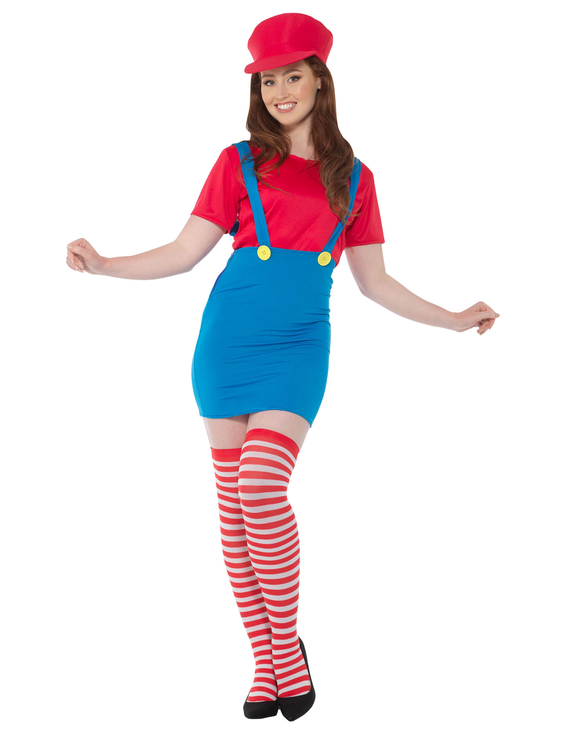 Déguisement Plombier rouge pour femme rouge et bleu avec jupe à bretelles et casquette