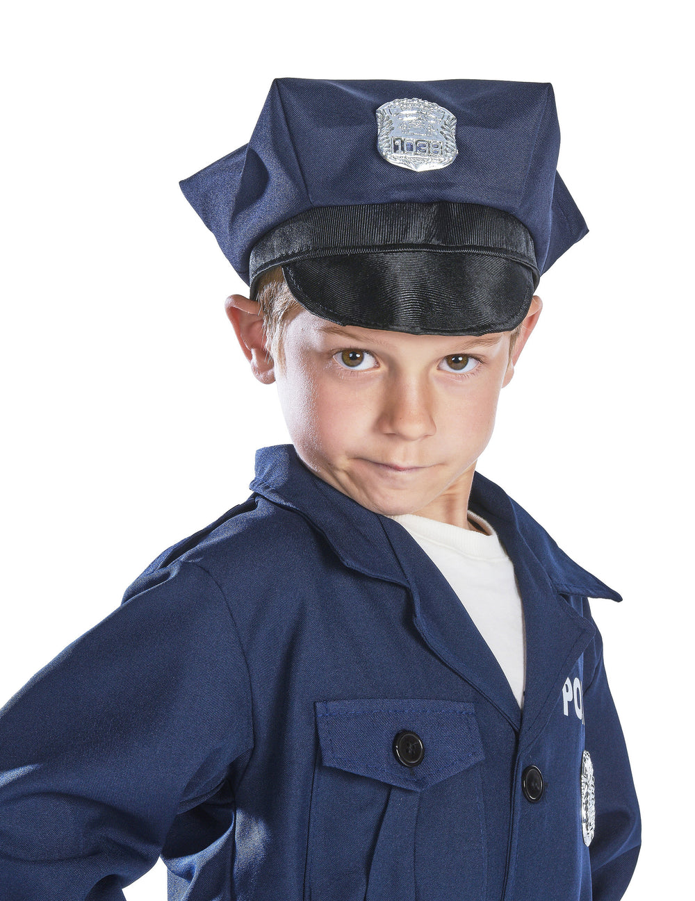 Gros plan sur le buste et la casquette du déguisement policier luxe pour garçon