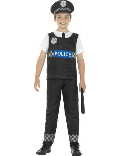 Déguisement de policier pour garçon noir et blanc avec casquette et matraque