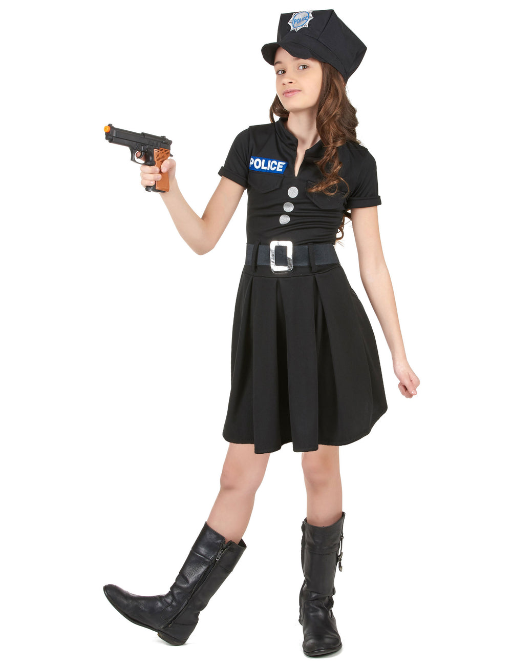 Pose avec pistolet factice du déguisement de policière pour fille