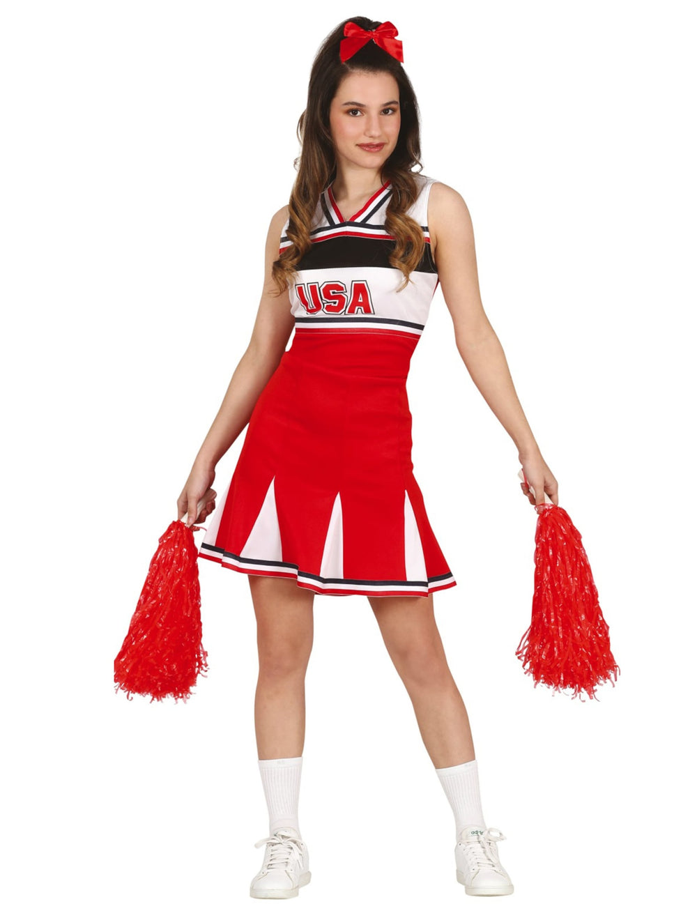 Déguisement pompom girl pour adolescente rouge avec pompons