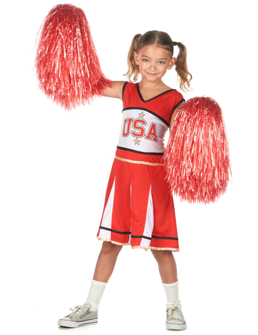 Vue de face avec pompons levés du déguisement pompom girl USA