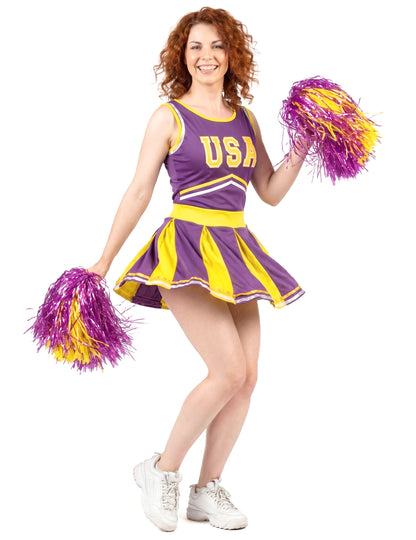 Déguisement pompom girl USA violet et jaune femme