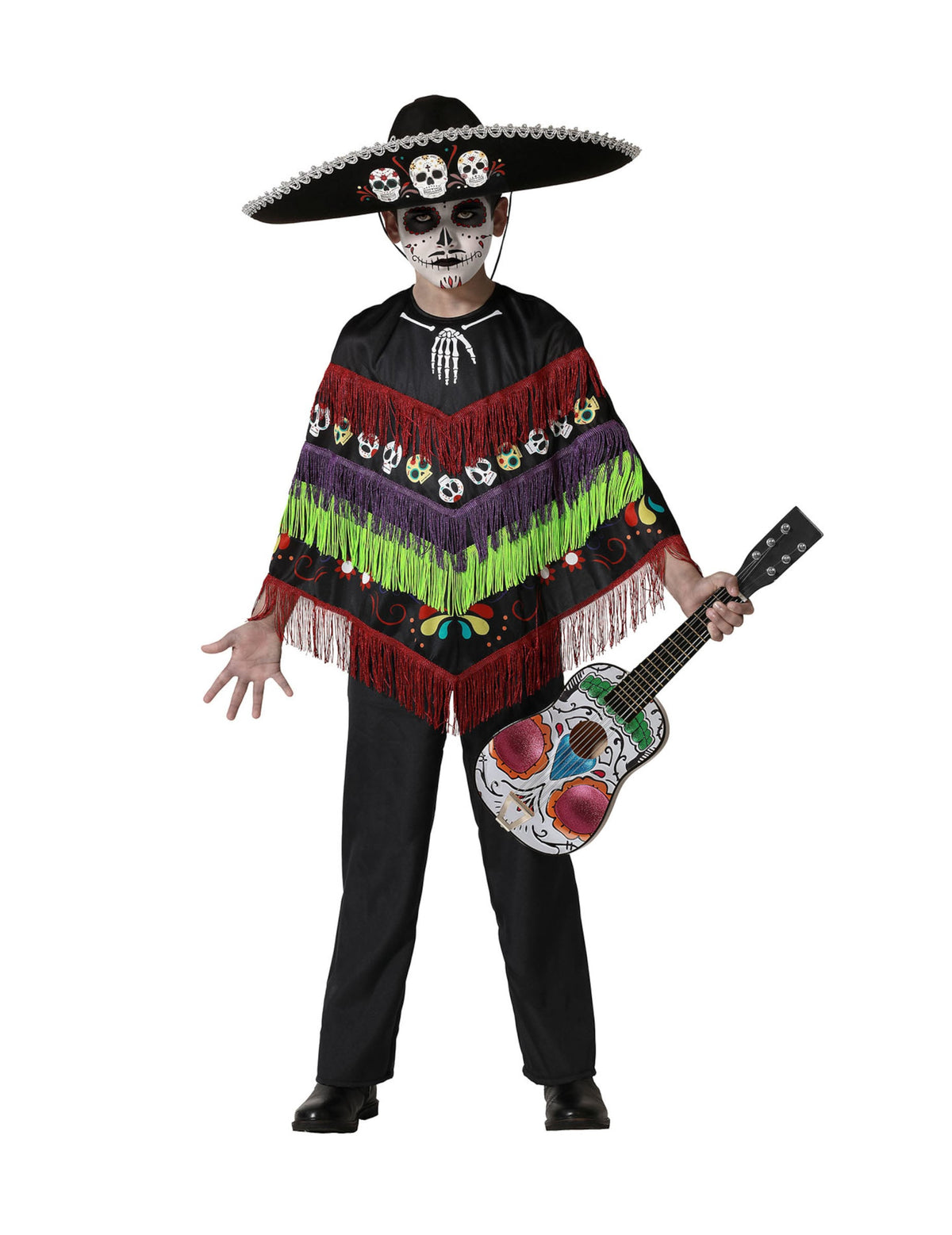 Déguisement poncho squelette Dia de los muertos pour enfant noir à franges colorées avec sombrero