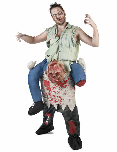 Déguisement porte-moi zombie pour adulte Halloween ensanglanté avec chemise bleue déchirée