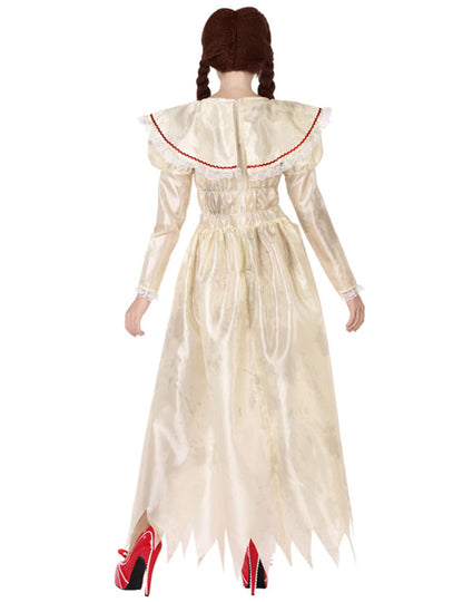 Vue de dos du déguisement de poupée vintage maléfique pour femme