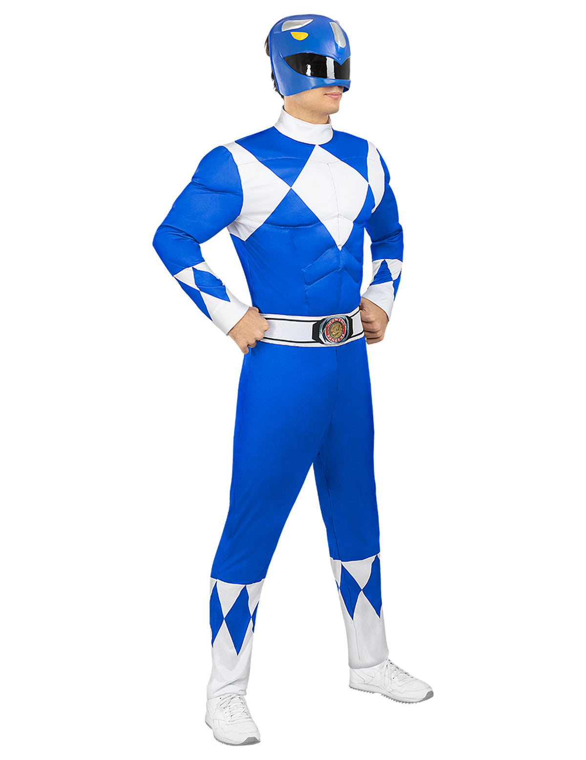 Vue de profil du déguisement Power Ranger pour adulte bleu