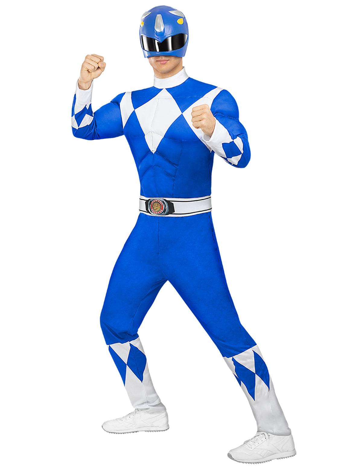 Vue de face du déguisement Power Ranger™ bleu adulte bleu et blanc