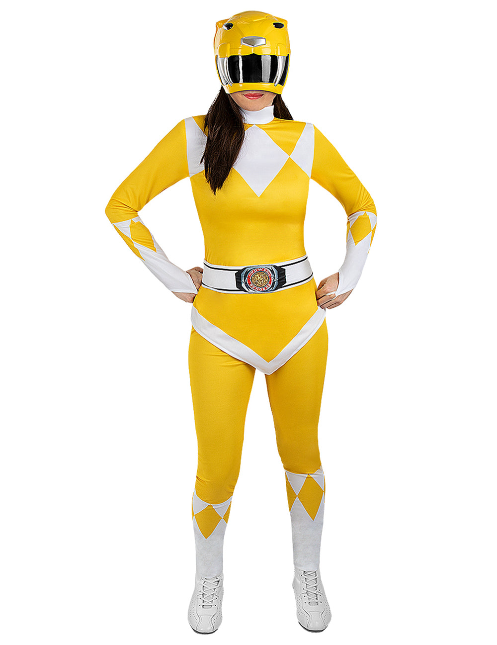 Vue de face du déguisement Power Ranger™ pour adulte jaune