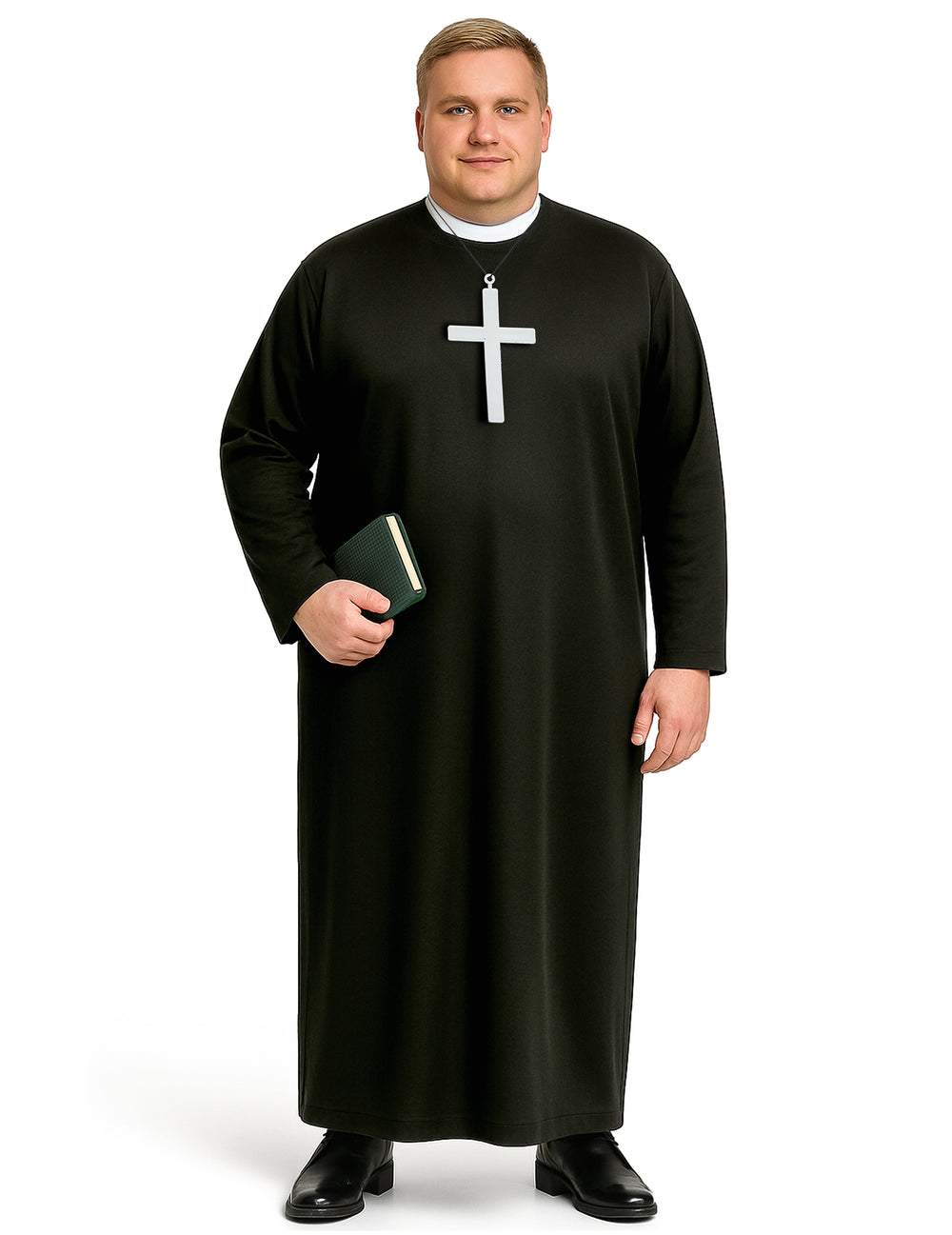 Déguisement de prêtre pour homme noir avec col blanc et grande croix
