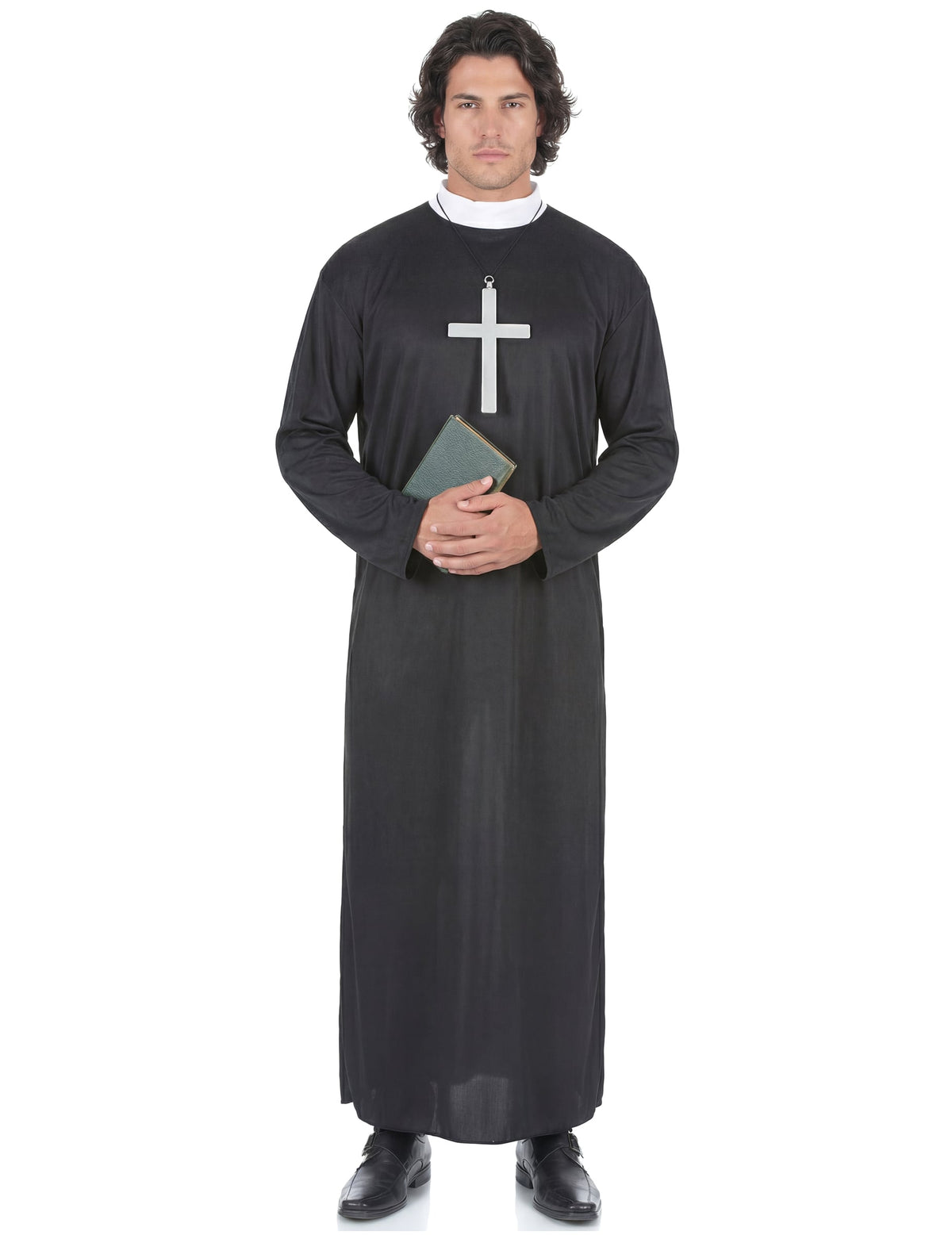 Déguisement de prêtre pour homme noir avec col blanc et croix