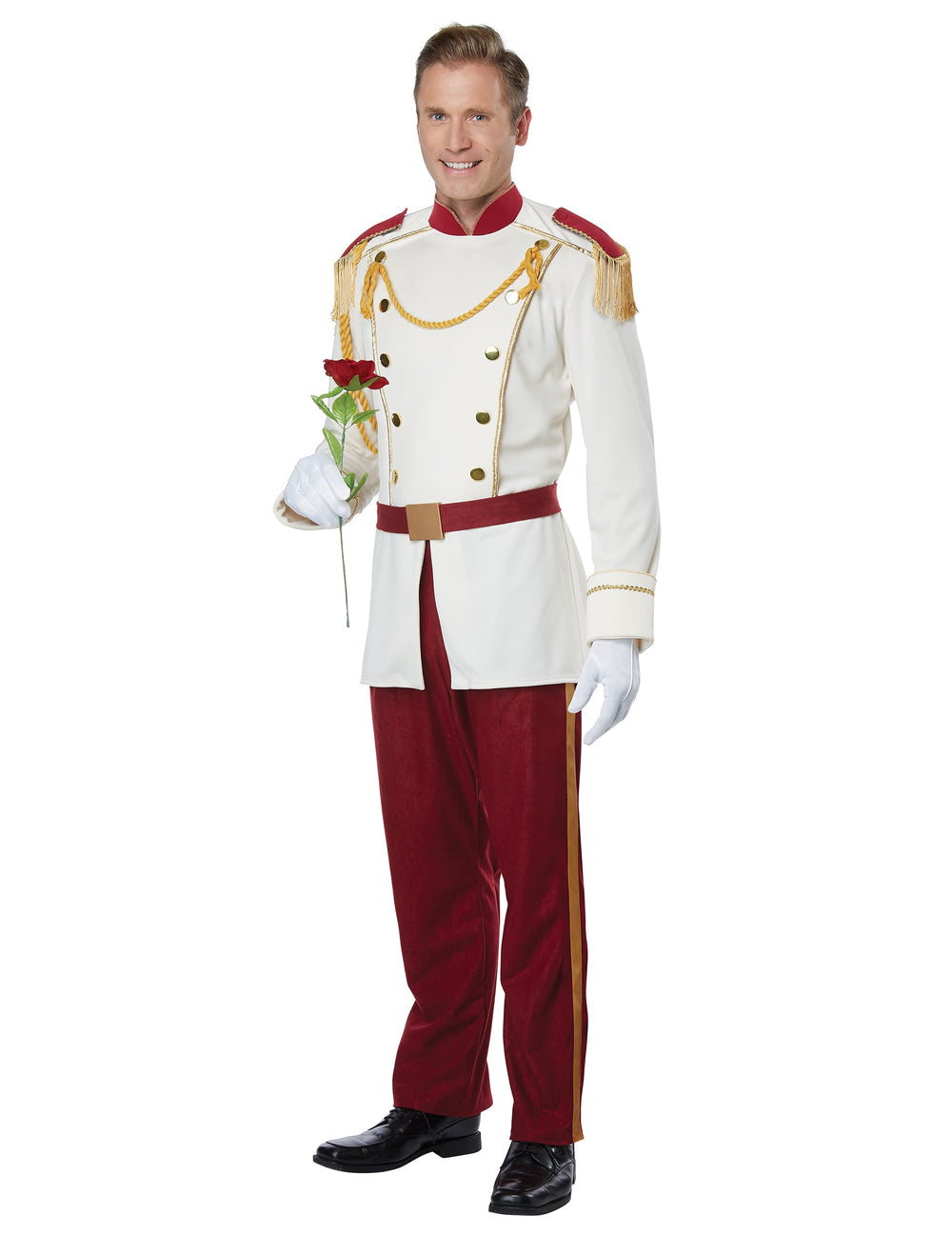 Déguisement prince charmant luxe pour homme blanc et rouge avec détails dorés