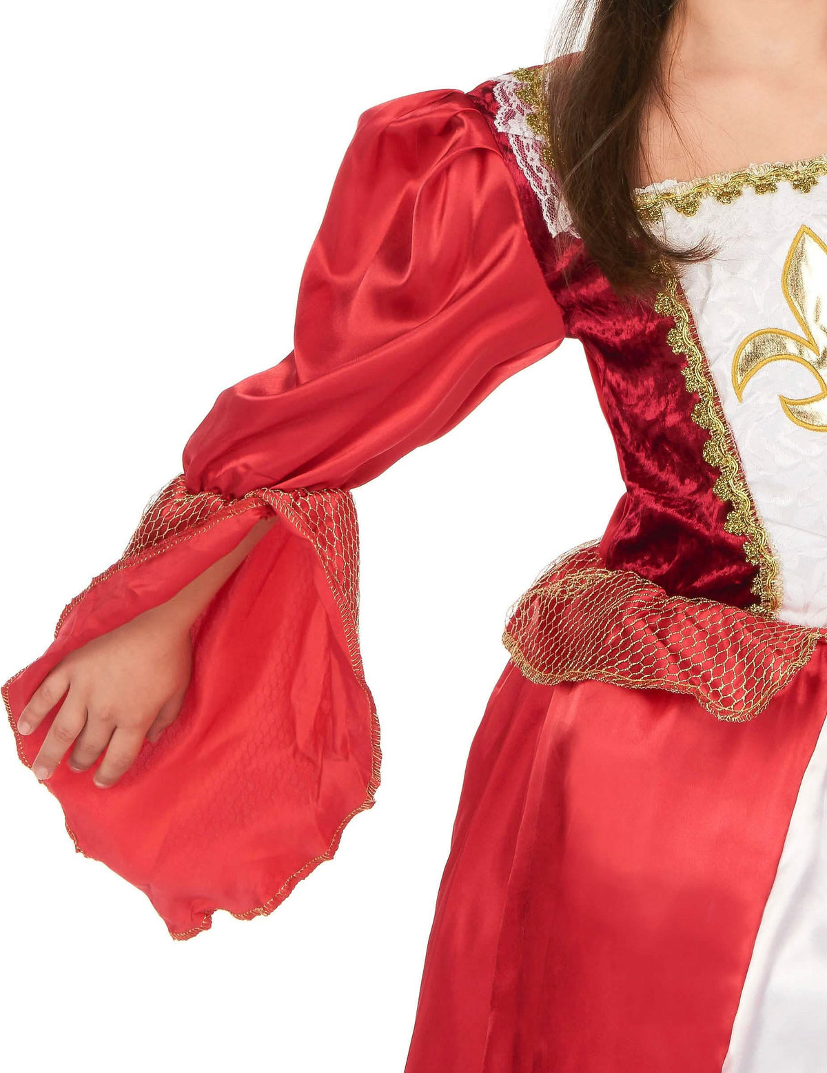 Détail de la manche et du bustier du déguisement de princesse médiévale effet satiné