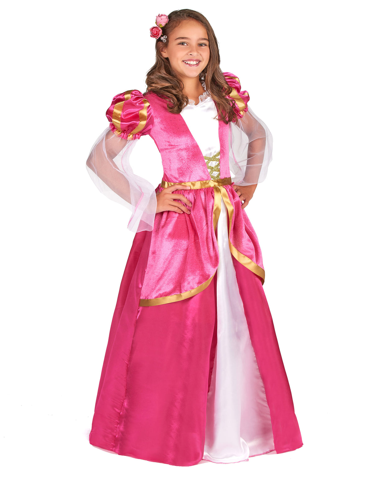 Déguisement de princesse médiévale pour fille rose et blanc avec détails dorés