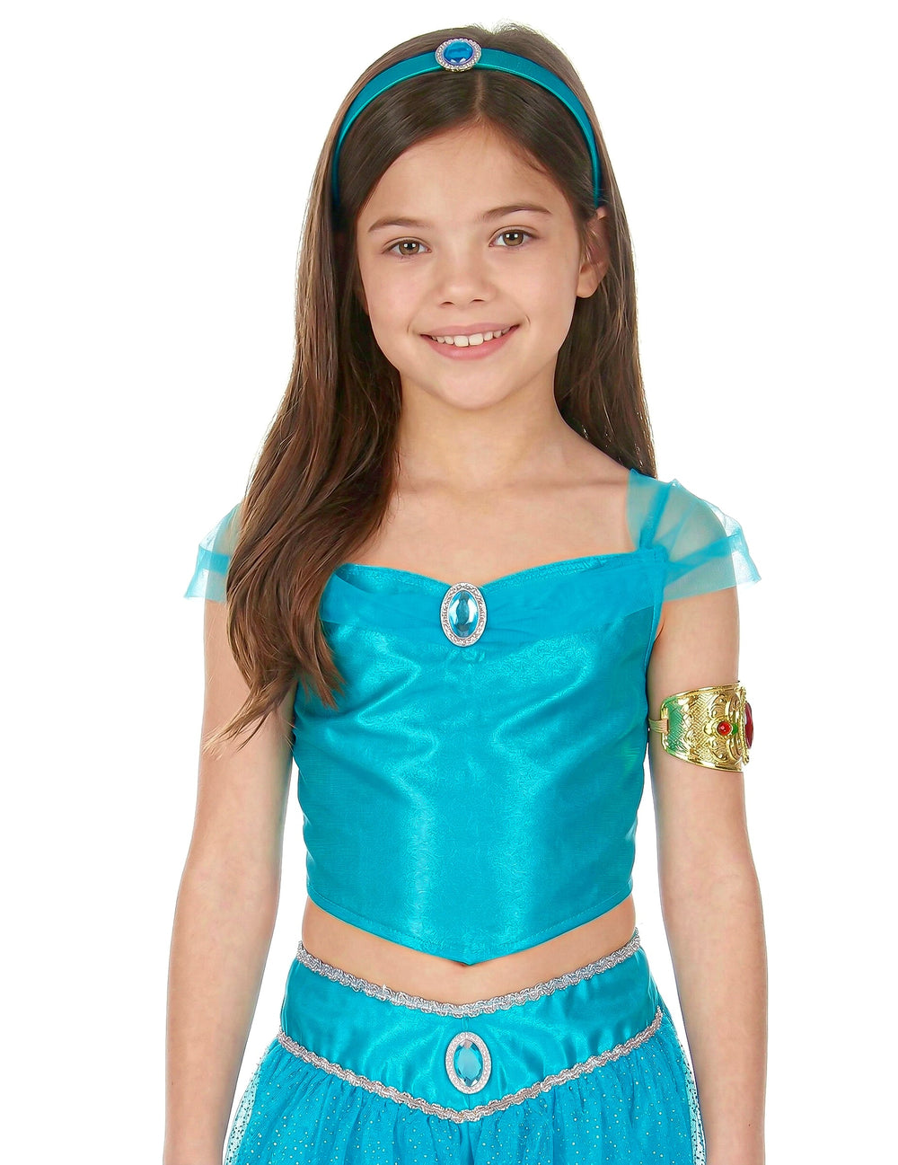 Gros plan sur le buste et les accessoires du déguisement de princesse orientale pour fille