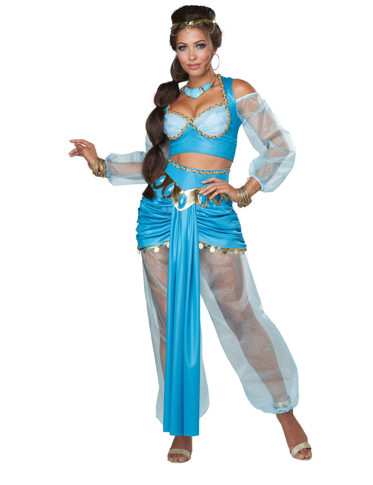 Déguisement de princesse orientale luxe pour femme bleu turquoise et doré