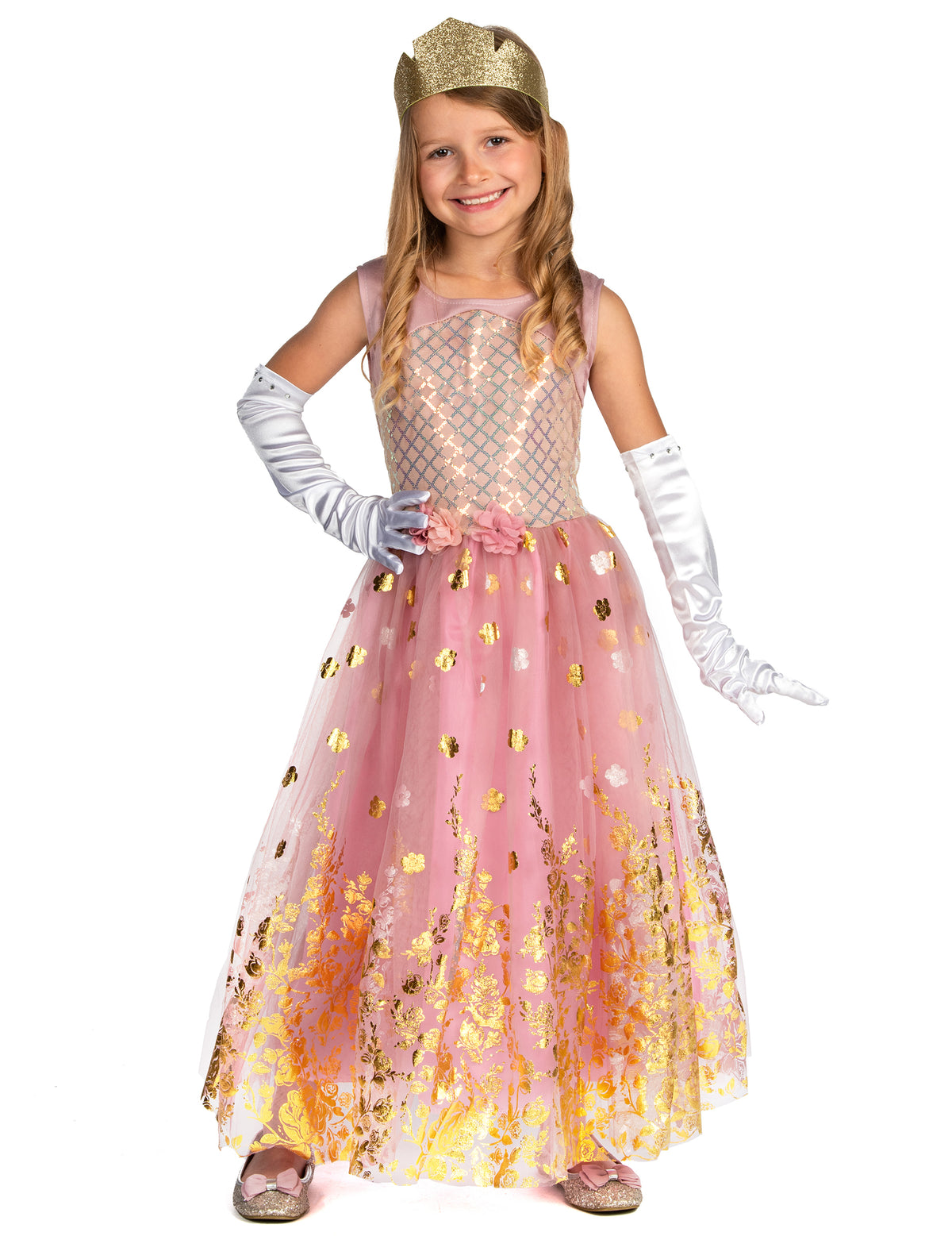 Déguisement de princesse pour fille rose gold avec couronne et gants blancs