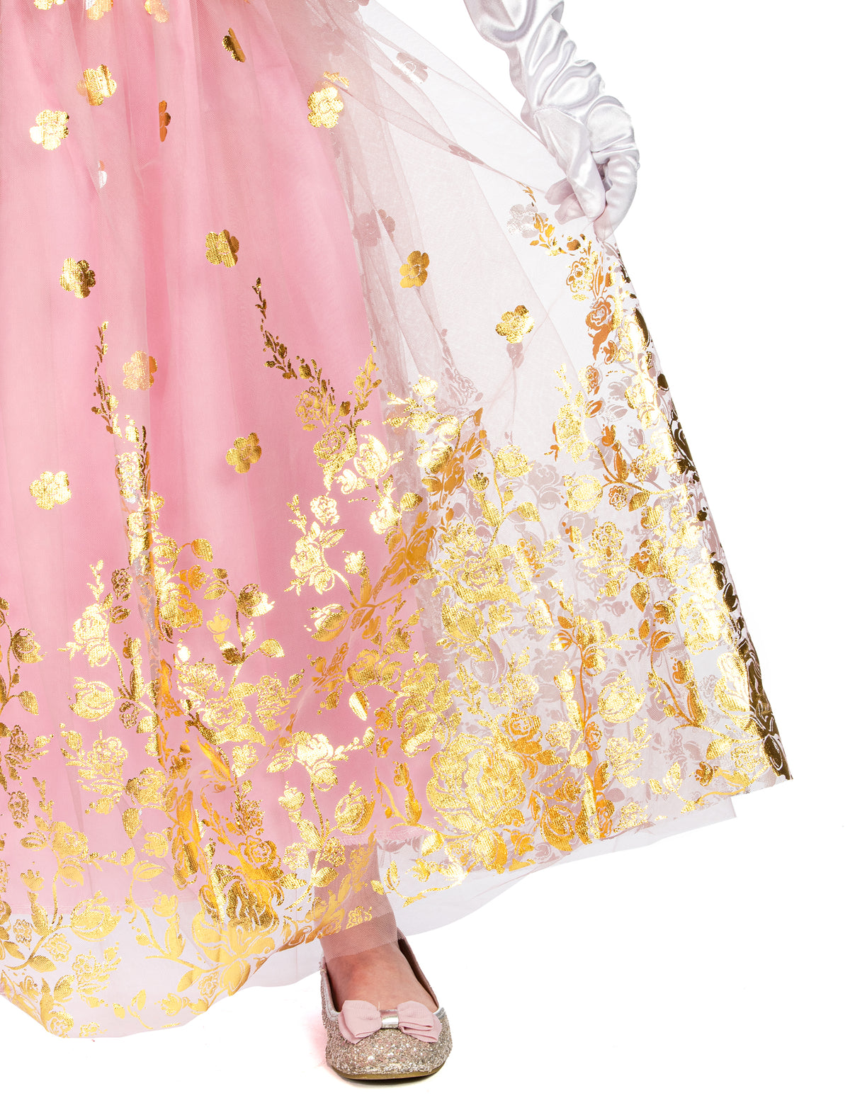 Détail du bas de la jupe à motifs dorés du déguisement de princesse pour fille rose gold