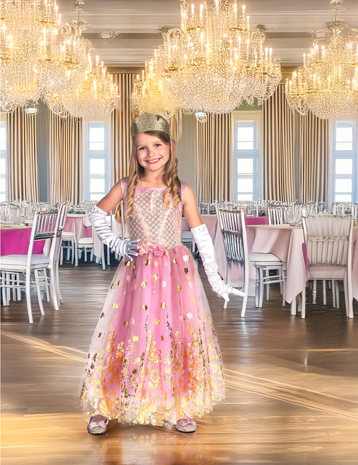 Mise en situation du déguisement de princesse pour fille rose gold