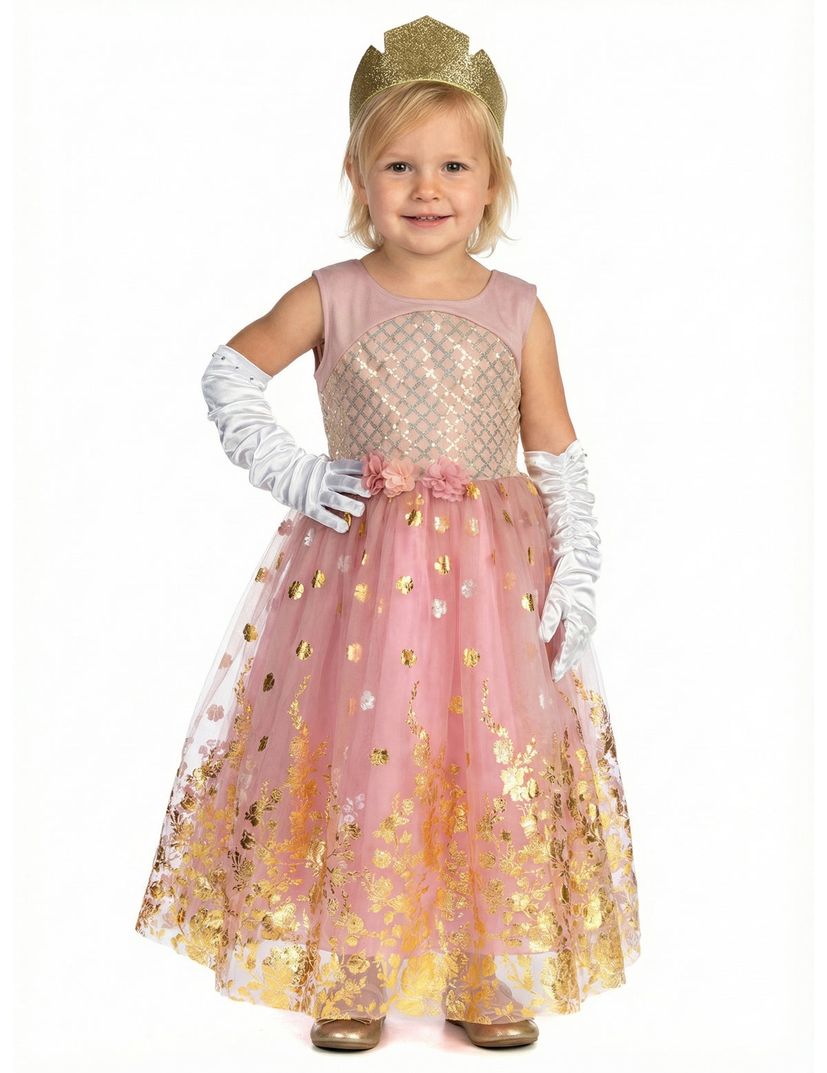 Vue de face du déguisement de princesse pour fille rose gold