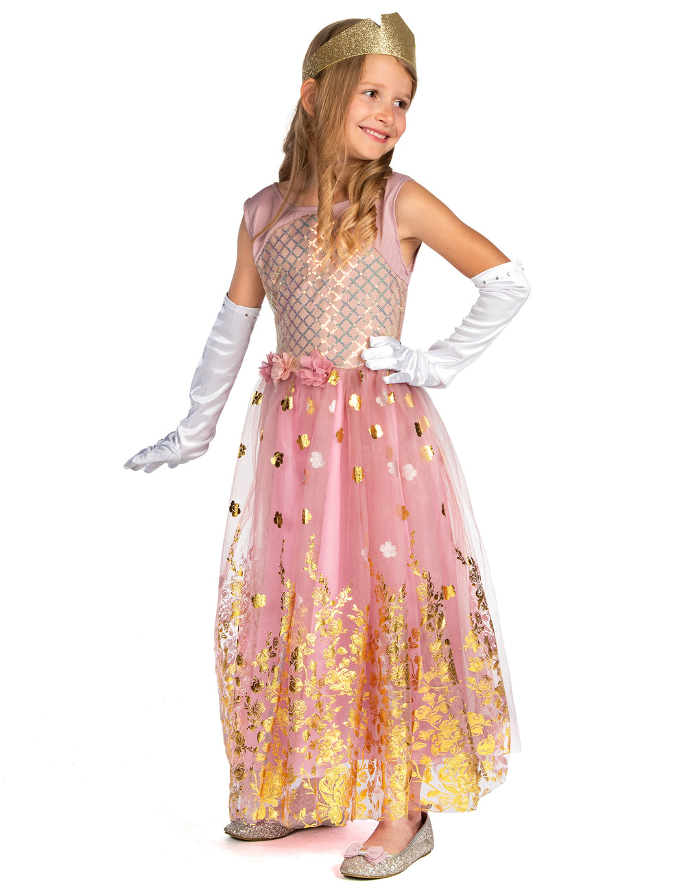 Vue de face du déguisement de princesse pour fille rose gold