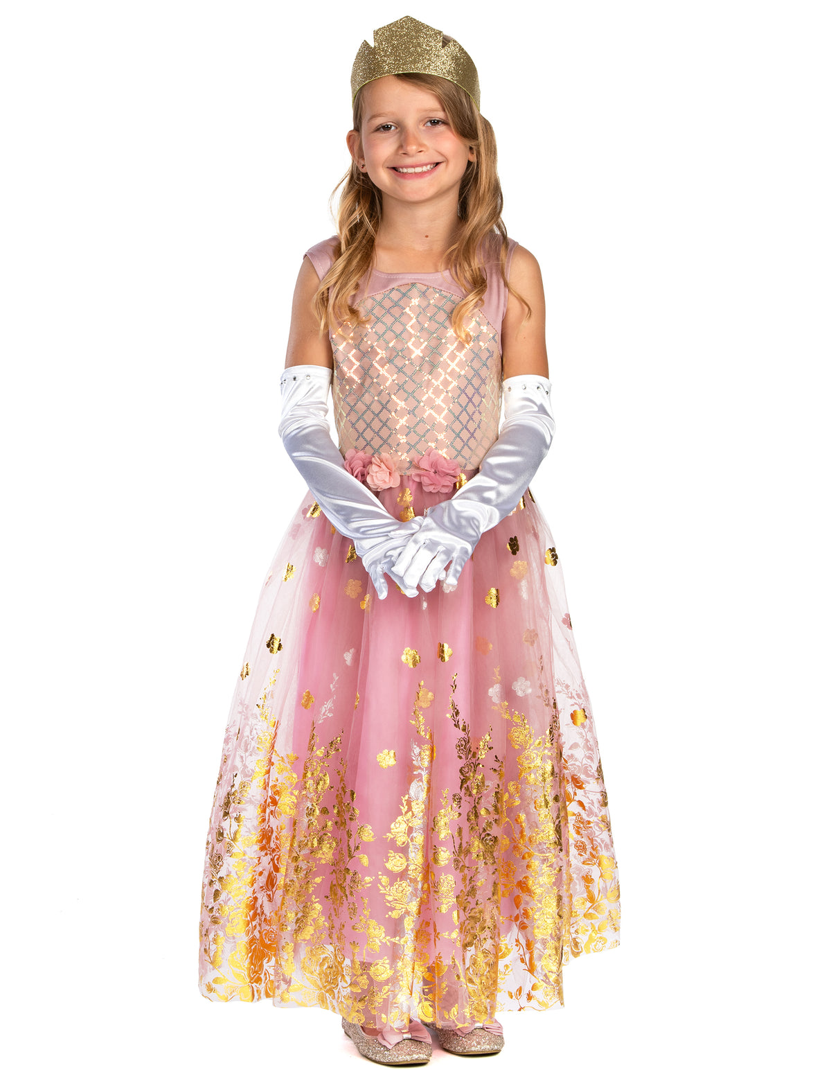 Vue de face du déguisement de princesse pour fille rose gold