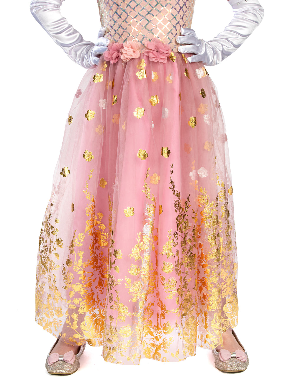 Gros plan sur la jupe à motifs dorés du déguisement de princesse pour fille rose gold