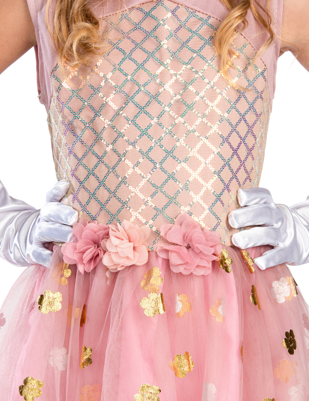 Détail du bustier à sequins et des fleurs du déguisement de princesse pour fille rose gold