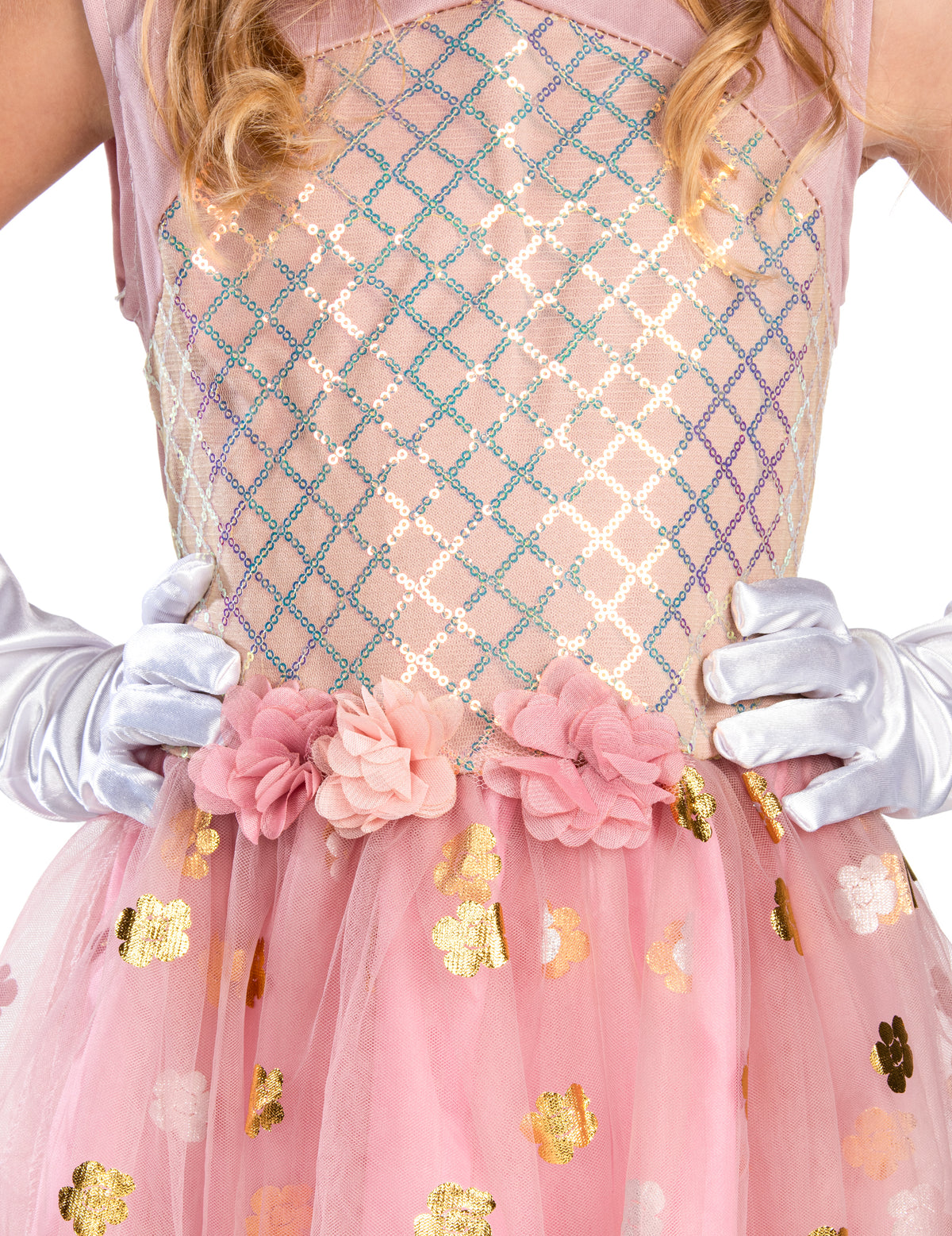 Détail du bustier à sequins et des fleurs du déguisement de princesse pour fille rose gold