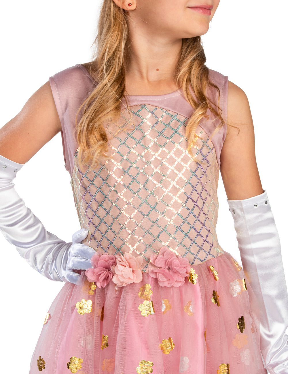 Gros plan sur le bustier et les gants blancs du déguisement de princesse pour fille rose gold