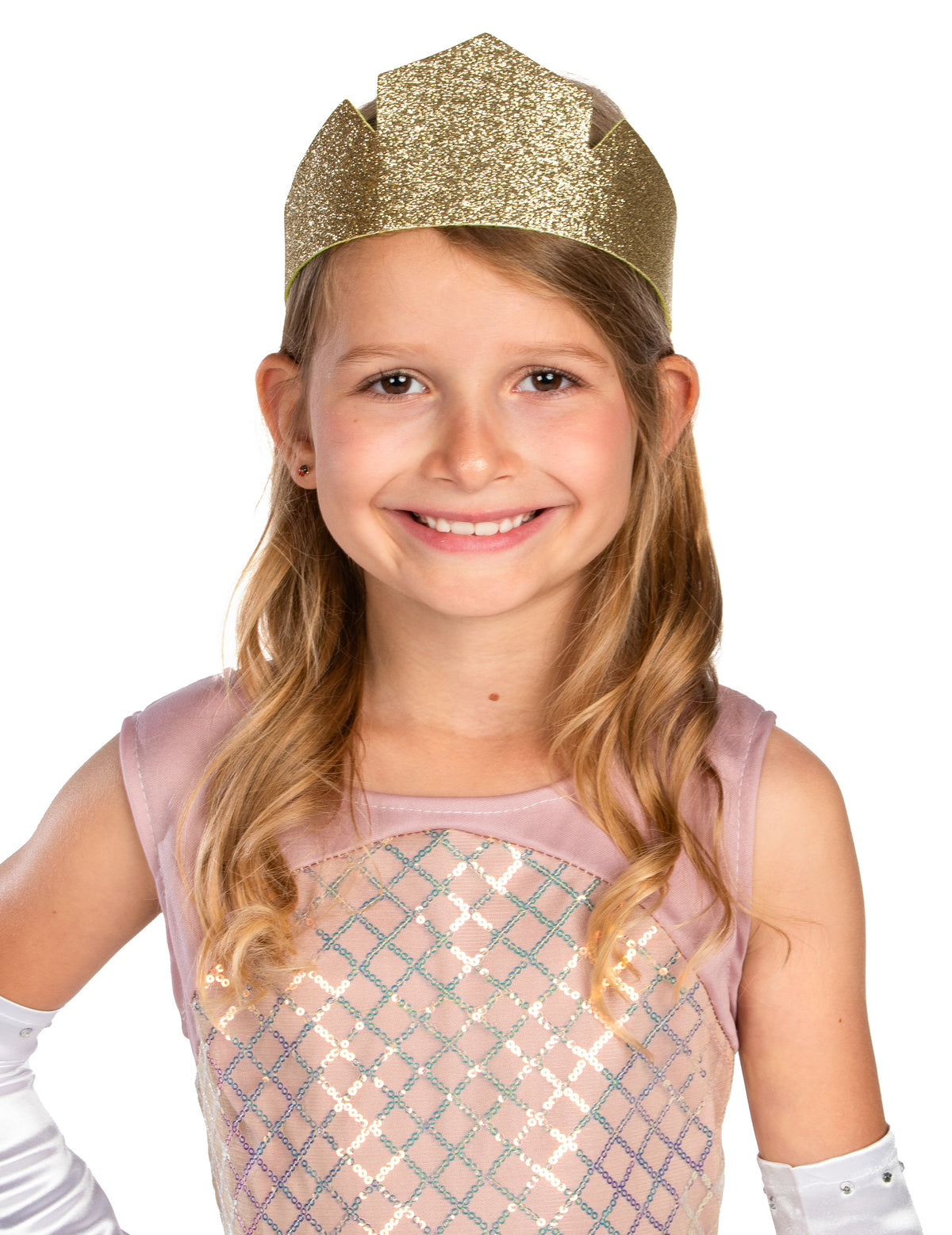 Gros plan sur la couronne dorée à paillettes du déguisement de princesse pour fille rose gold