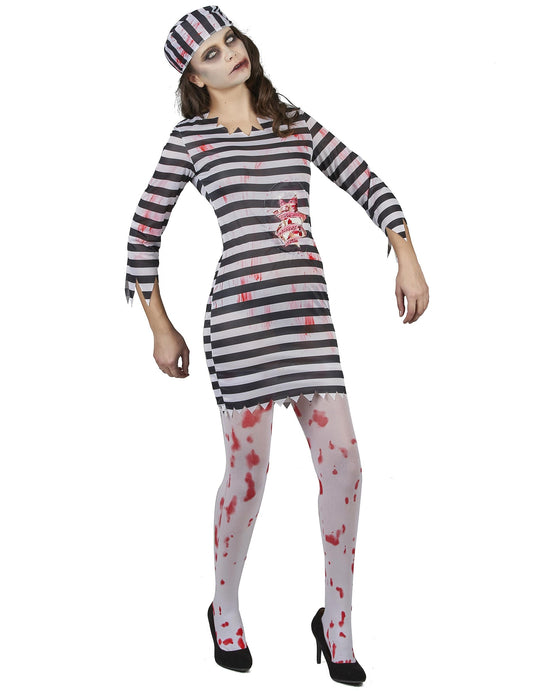 Vue de face du déguisement de prisonnière zombie pour femme