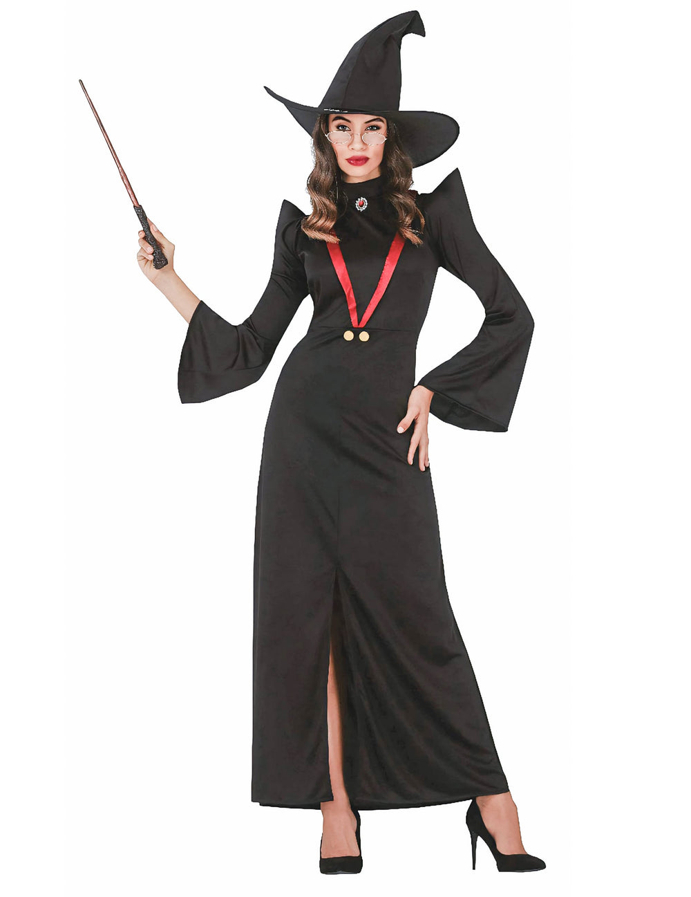 Déguisement professeur de magie pour femme noir avec chapeau et baguette
