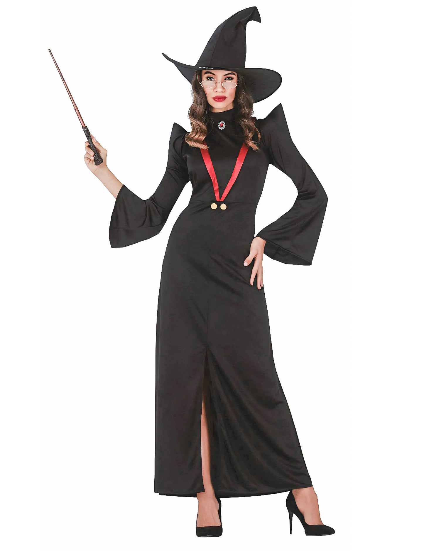 Déguisement professeur de magie pour femme noir avec chapeau et baguette