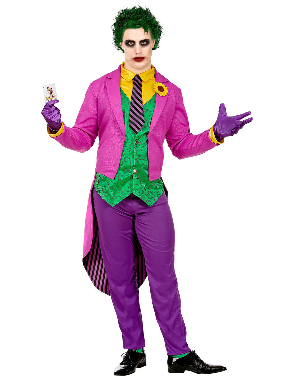 Déguisement psychopathe fou pour homme violet et vert avec veste queue-de-pie
