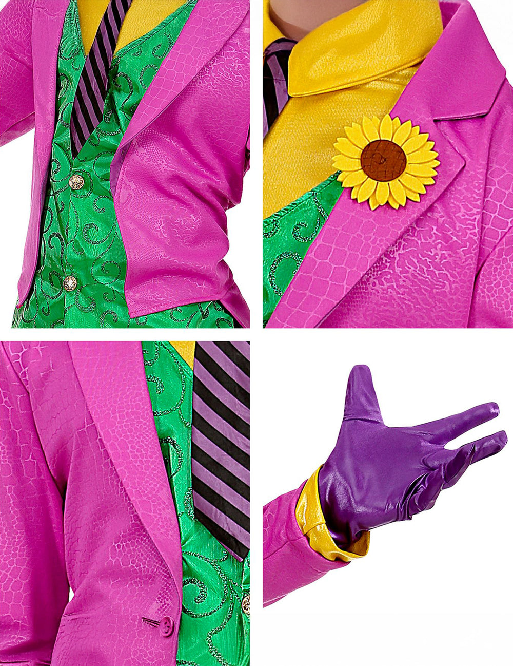 Détails de la fleur, du gilet et du gant du déguisement psychopathe fou