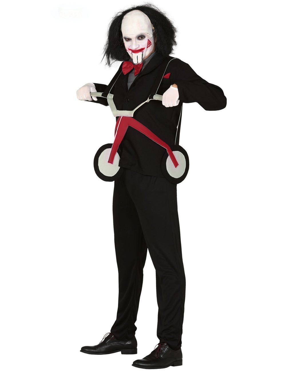 Déguisement de psychopathe tricycle pour homme noir avec masque blanc et tricycle rouge