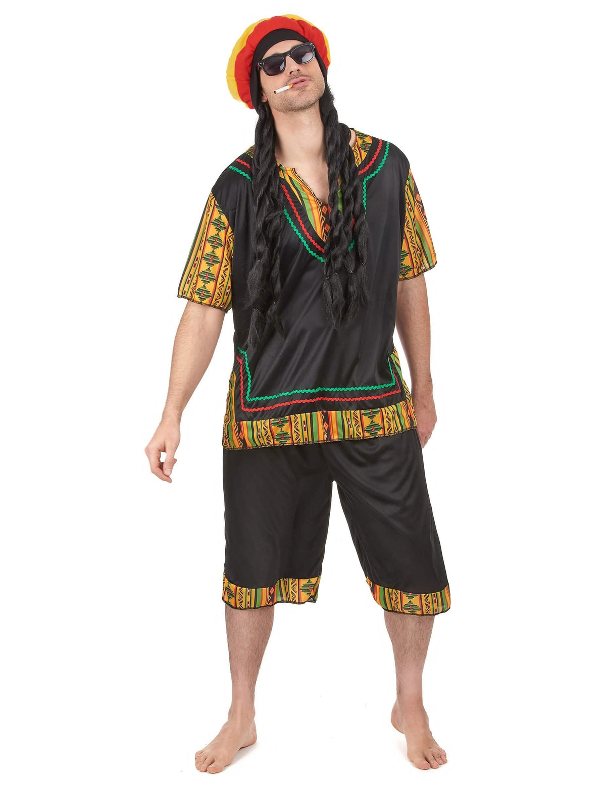 kostum rasta za črnega moškega z večbarvnimi vzorci in kapo z dreadlocks