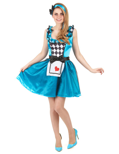 Déguisement Alice au pays imaginaire pour femme bleu avec tablier à coeur et motifs damier