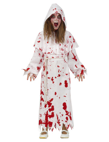 Krščanska krvava oprava duha za otroke v beli in rdeči barvi s kapuco